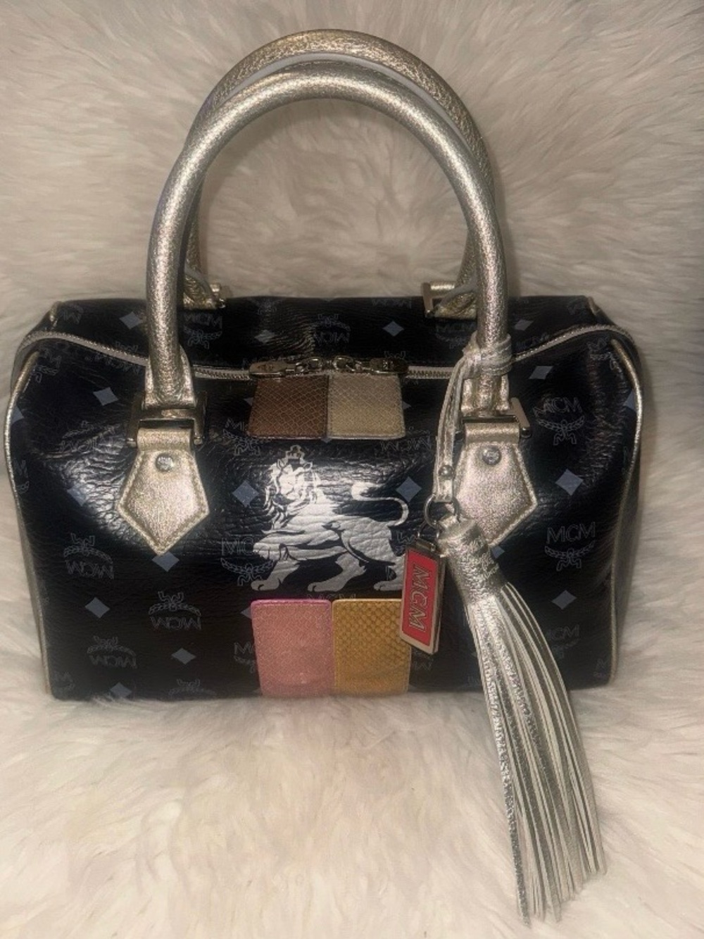MCM Black Patent Logo Satchel with Silver Handles and Multicolor Patch